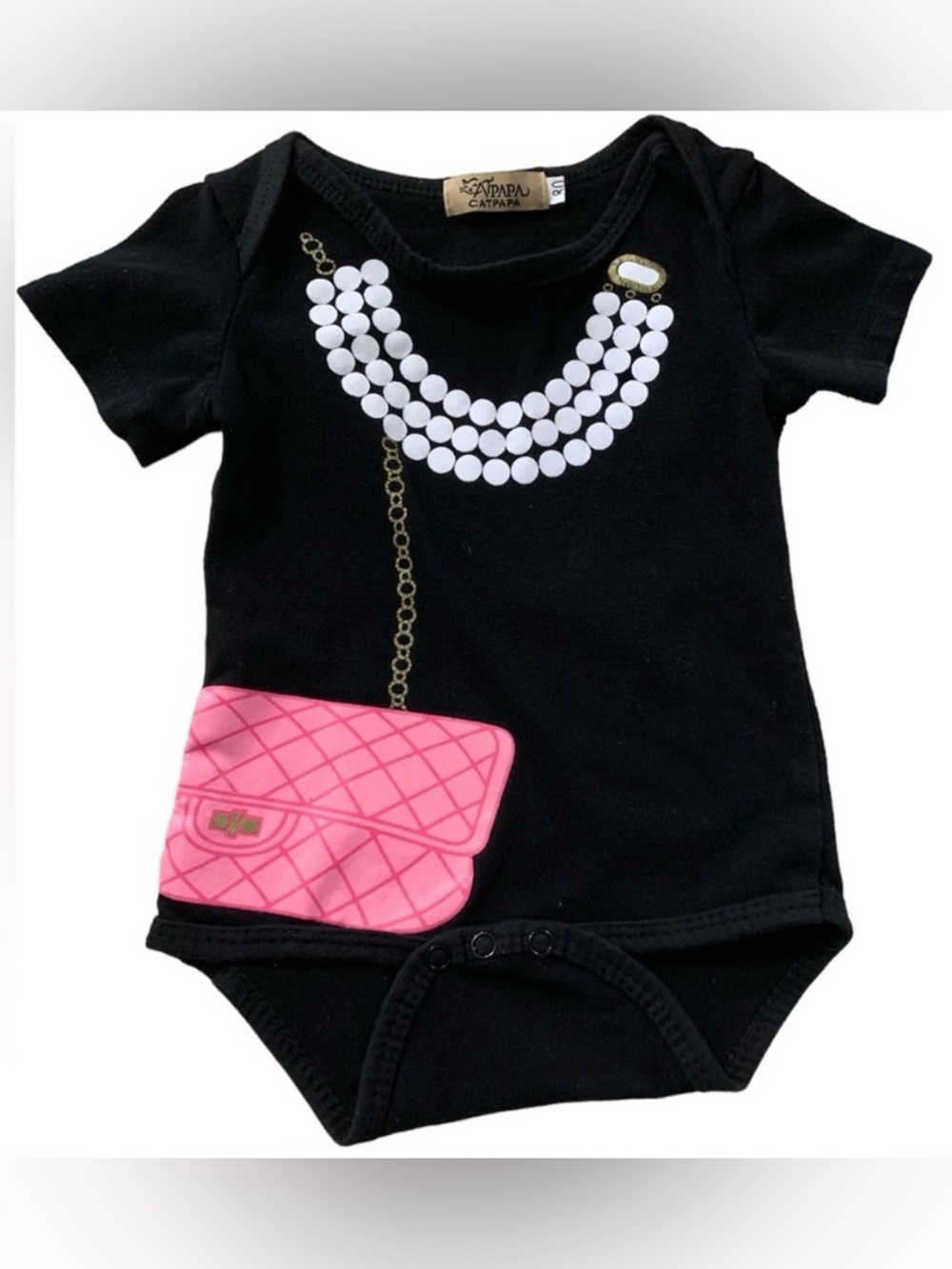 Catpapa Bodysuit Purse Pearls Printed Graphic 80CM (18-24 Months) Black Pink